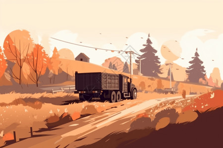 一条道驶过乡村道路上的卡车插画