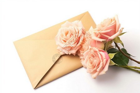 白色信封信纸信纸上美丽的粉红玫瑰背景