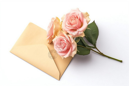 玫瑰花和信信封和粉红玫瑰背景