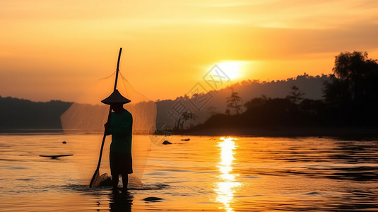 河和日落渔民在日落时钓鱼设计图片