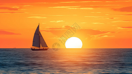 日落海景与水上帆船图片