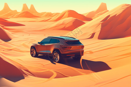 沙漠中的车汽车在沙漠中行驶插画