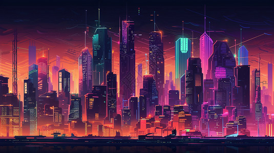 未来派夜晚霓虹灯下城市背景图片