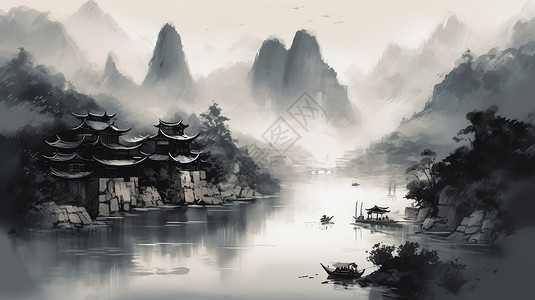 雾笼罩的河流和村庄图片