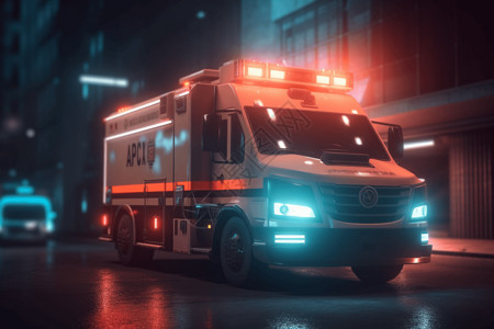 夜间驾驶城市街道上的急救车设计图片