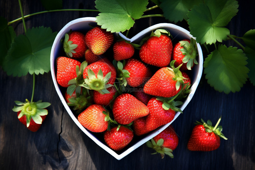 在心形碗中新鲜采摘的水果草莓图片