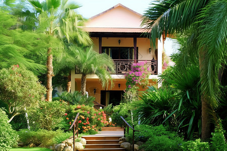 热带别墅与美丽的花园度假村背景图片