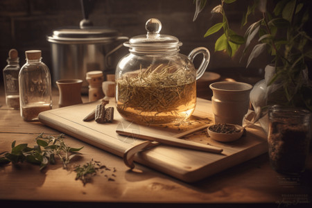 木桌上的凉茶制备背景图片