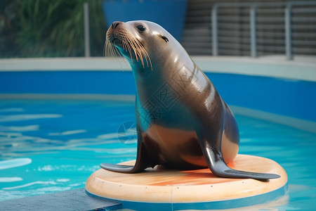 马戏团海狮在游泳池表演背景图片
