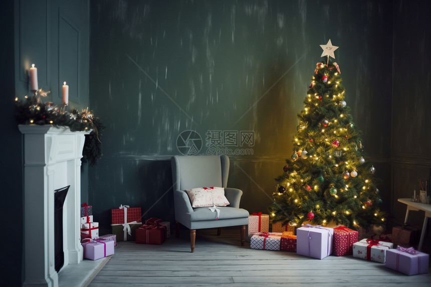 室内中圣诞树和礼物图片