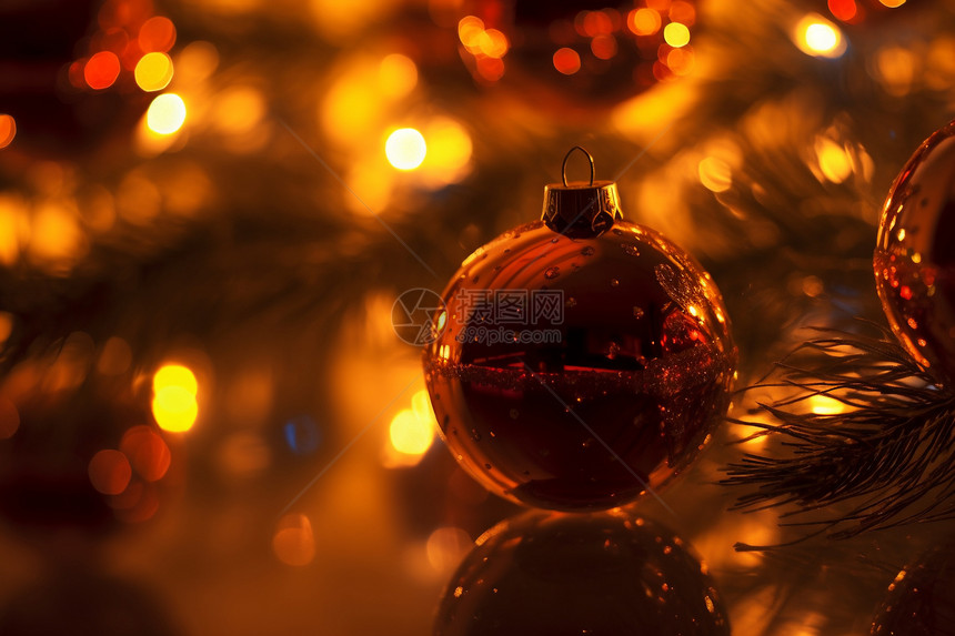 暖光下的圣诞装饰球图片