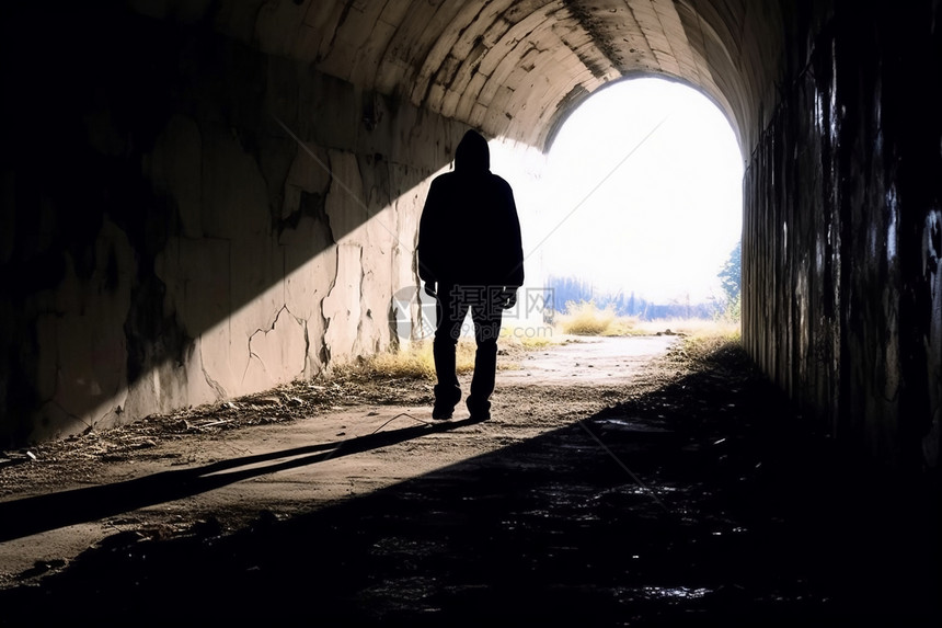 男子站在废弃的隧道中图片