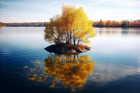 湖泊小岛中间的树背景图片