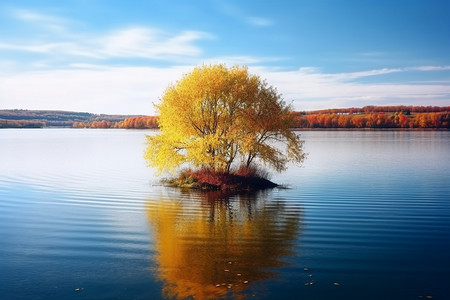 湖泊小岛中间的树秋色景观背景图片