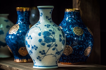 彩色陶瓷花瓶蓝色玻璃彩色瓷瓶背景