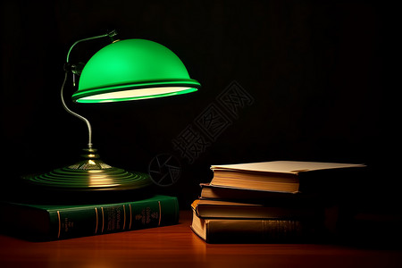 绿色台灯和书图片