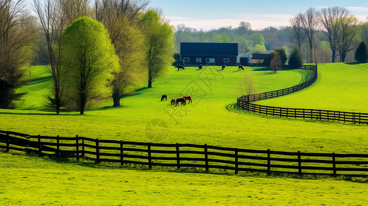 马在牧场马群在绿色的牧场背景