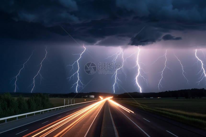 高速公路夜间的雷雨图片