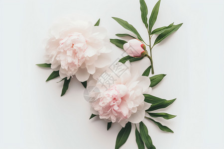 浅粉色牡丹花和绿叶图片