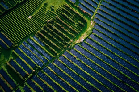 绿色农场太阳能电池板农场俯瞰图背景
