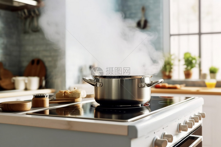 厨房电炉上的蒸锅冒着蒸汽图片