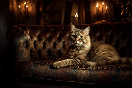 猫咪趴在华丽沙发上背景图片