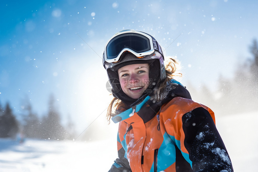 滑雪女孩在雪地里微笑图片