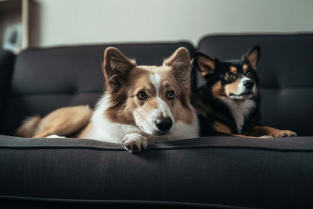 猫咪和狗狗躺在沙发上等待背景图片