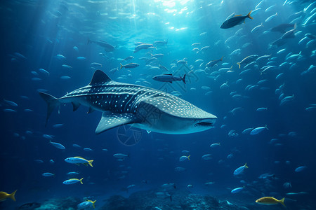 海洋中的鱼群和鲸鲨背景图片