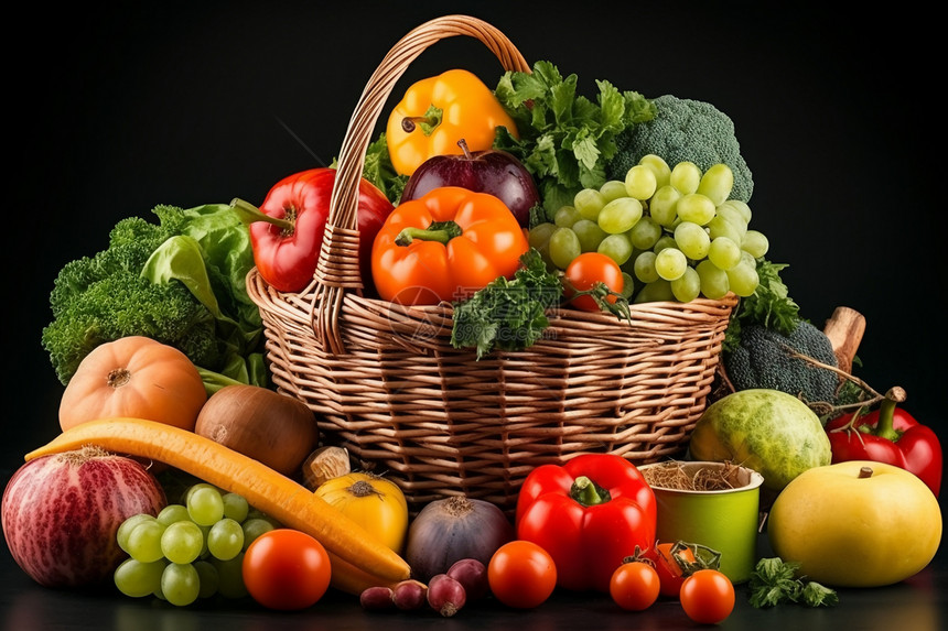 篮中各种有机蔬菜和水果图片