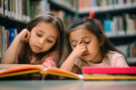 两个可爱的小女孩在阅读图书背景图片