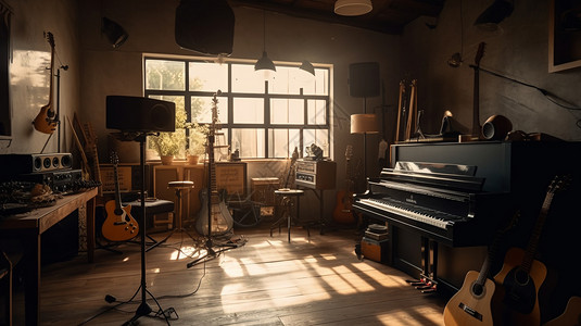 月入百万音乐工作室: 建立一个舒适且设备齐全的音乐工作室，周围散布着各种乐器和工具。使用自然，柔和的灯光和温暖，诱人的风格，创造一个轻松背景