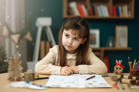 坐在书桌前的小女孩图片