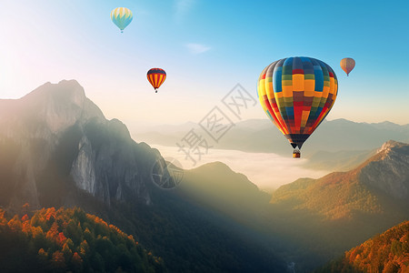 彩色热气球飞越山脉图片