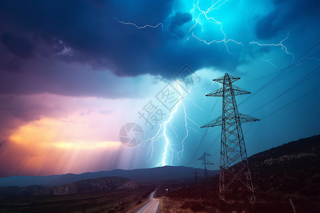 暴雨天空郊外的高压电和闪电设计图片