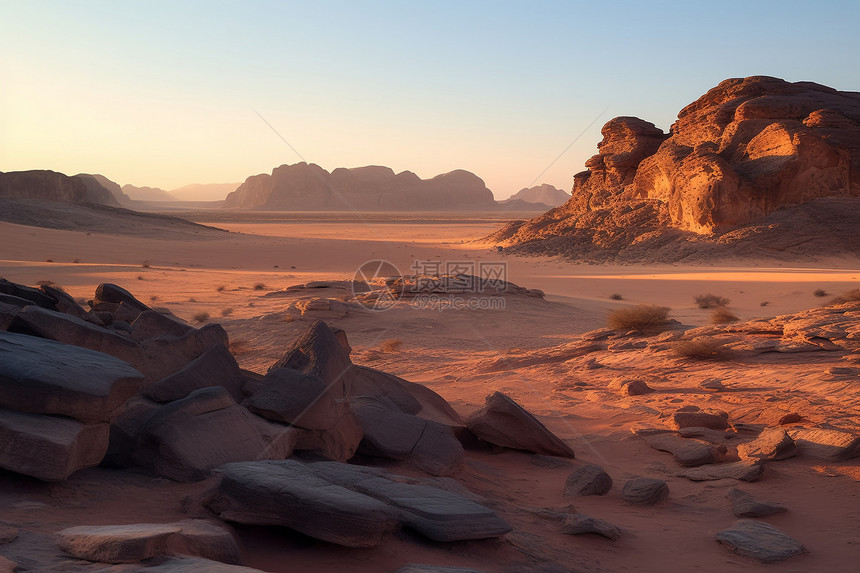 日落时沙漠中的风化岩石图片