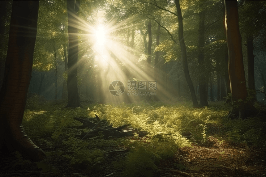 阳光透过树林图片