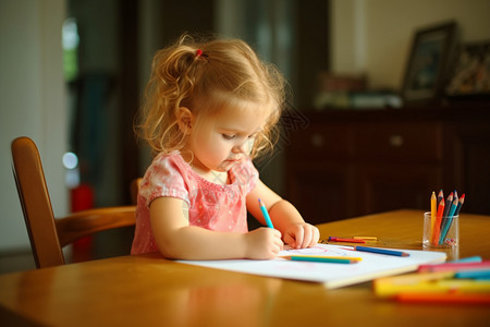 小女孩在家里画画彩铅高清图片素材