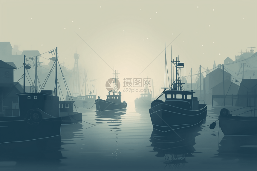 渔船在雾蒙蒙的港口图片