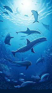 海洋哺乳动物美丽海洋生物在游动插画
