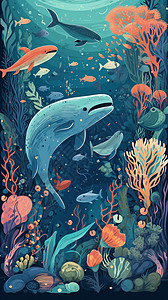海洋哺乳动物各种海洋生物在游动插画