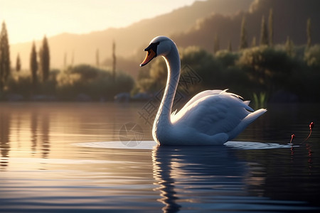 长脖子一只优雅的天鹅在宁静的湖面上滑行设计图片