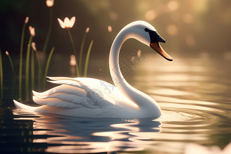 长脖子一只优雅的天鹅在宁静的湖面上设计图片