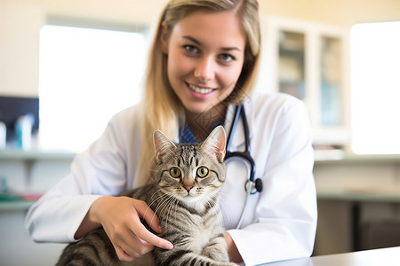 女兽医与怀抱小猫背景图片