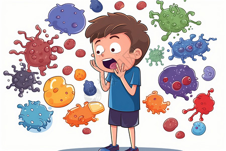 被细菌包围的男孩插画图片