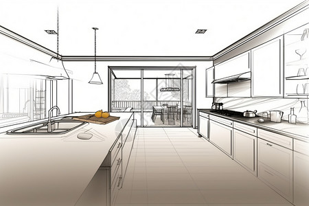 白色厨房背景建筑设计墨水草图插画