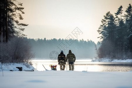 冬天捕鱼两个渔民在冬季以森林为背景捕鱼背景
