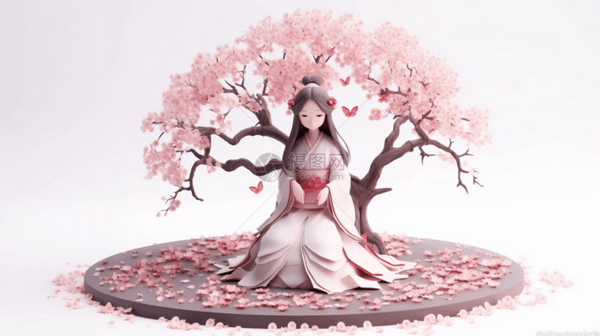 粉色桃花树下的少女图片