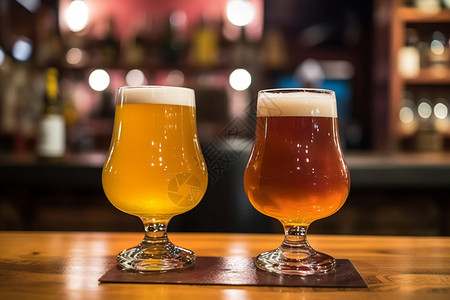 酒吧木桌上的两杯啤酒高清图片