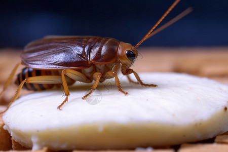 吃害虫蟑螂正在吃饼干的白色奶油背景